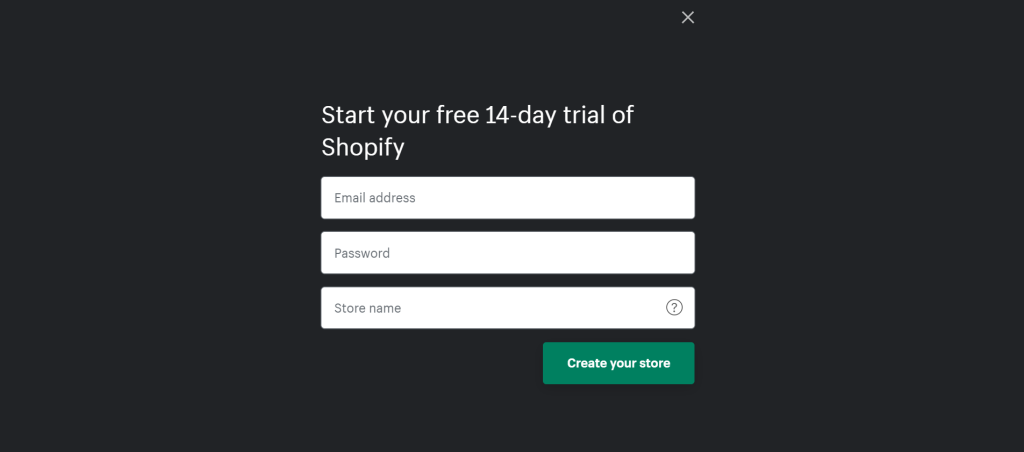 screenshot of Shopify’s free trial pop-up signup form