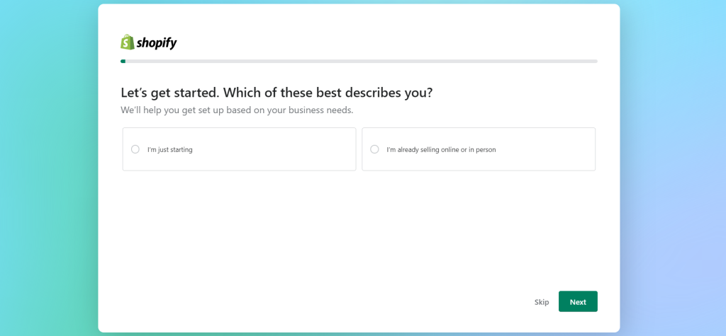 screenshot of a question in Shopify’s account creation quiz