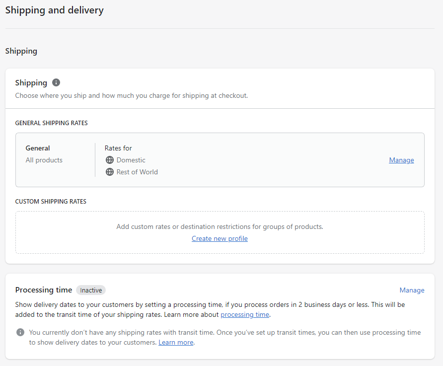 screenshot of Shopify shipping settings page