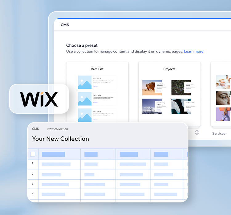 user-friendly, drag-and-drop website builder that allows for easy customization and creation of new websites. The clean, intuitive layout displays Wix's focus on empowering users to build professional-looking sites without extensive coding knowledge.