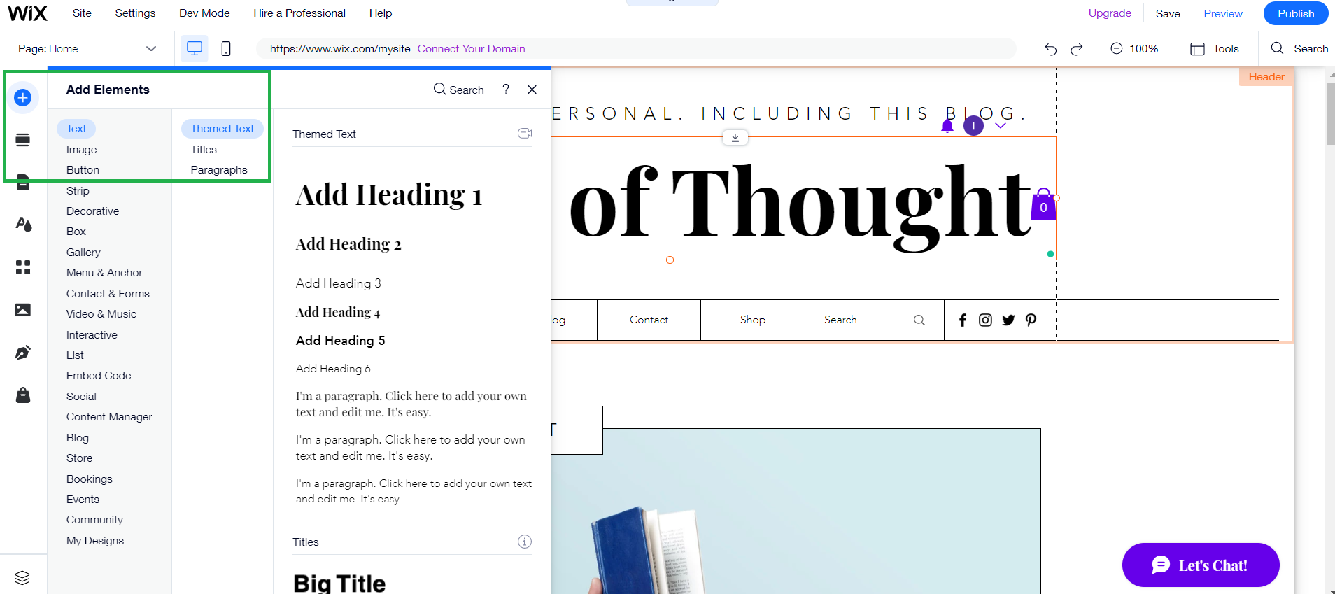 screenshot showing how to add text in the Wix editor