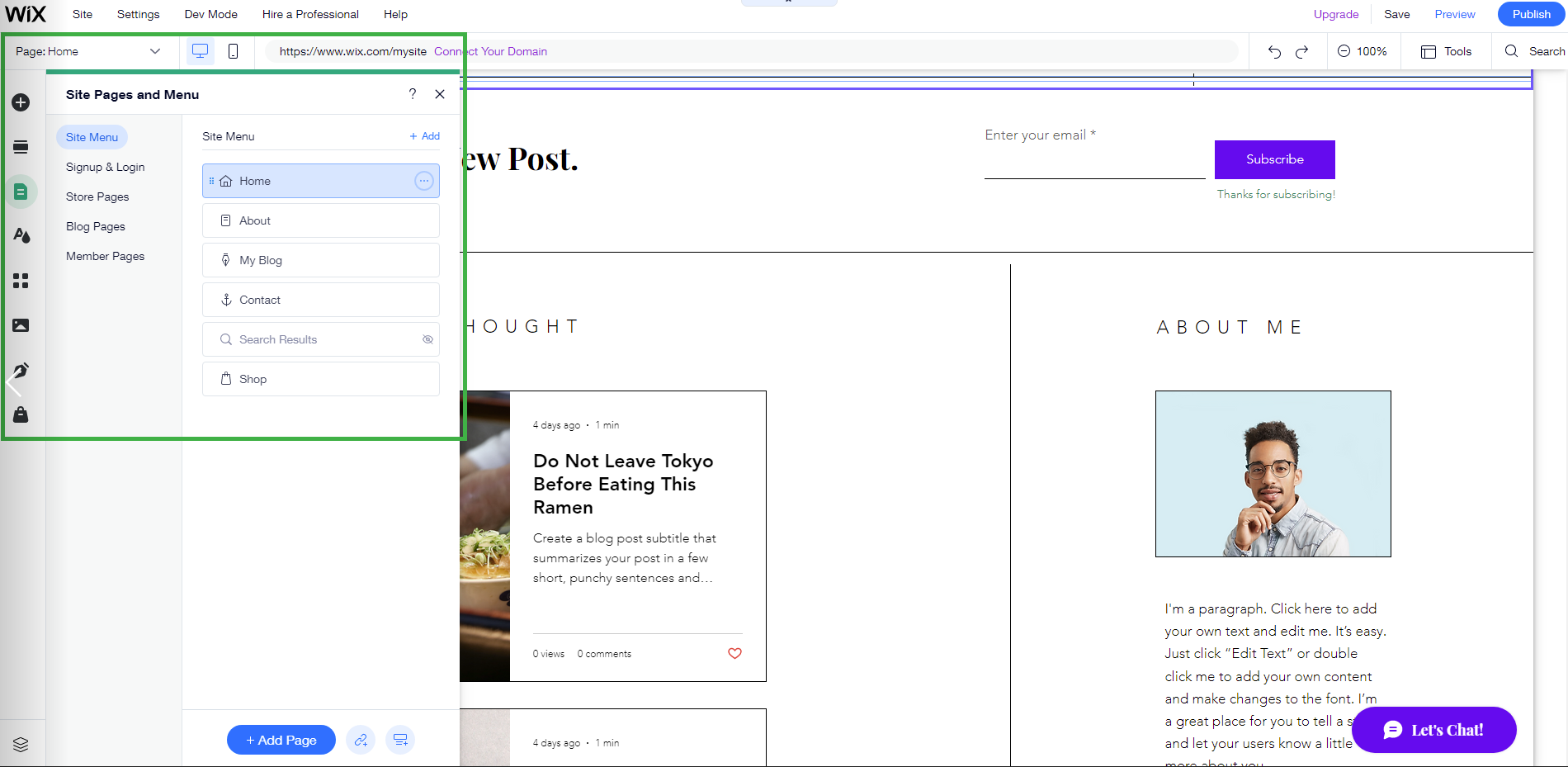 screenshot showing how to add pages in Wix editor