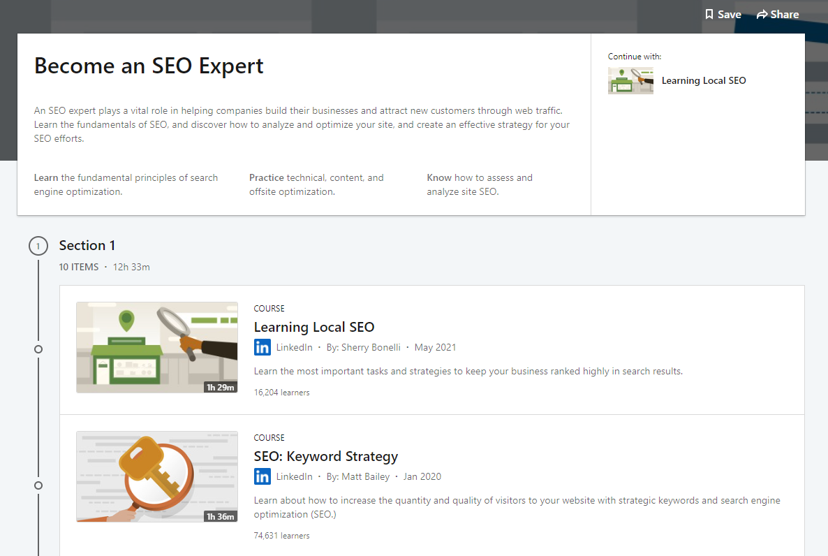 LinkedIn Learning Become an SEO Expert certification course