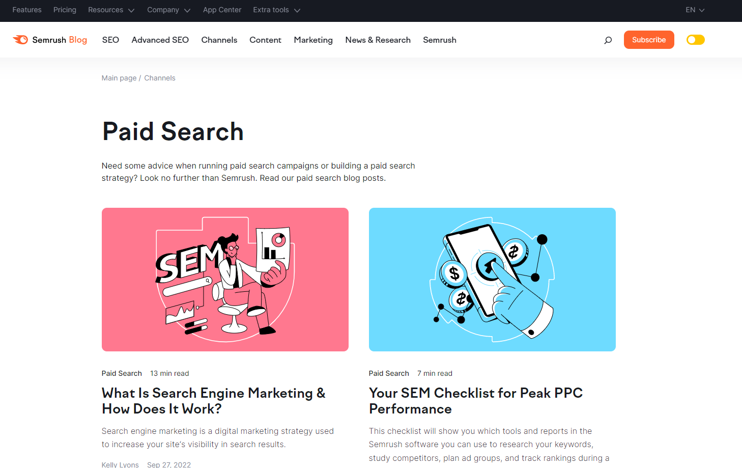 screenshot of the paid search category in Semrush’s blog