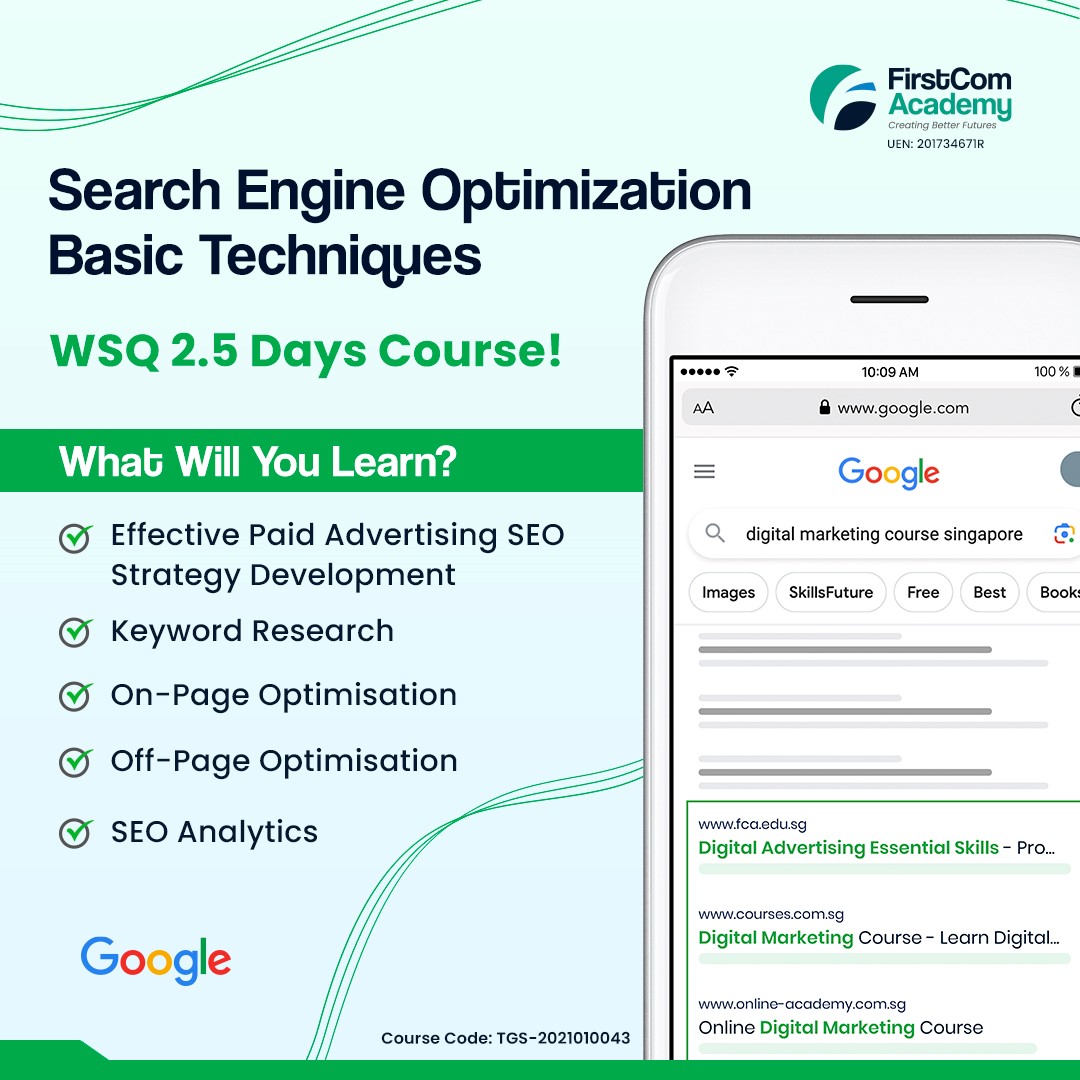 FirstCom Academy SEO course certification, search engine optimisation SkillsFuture Singapore