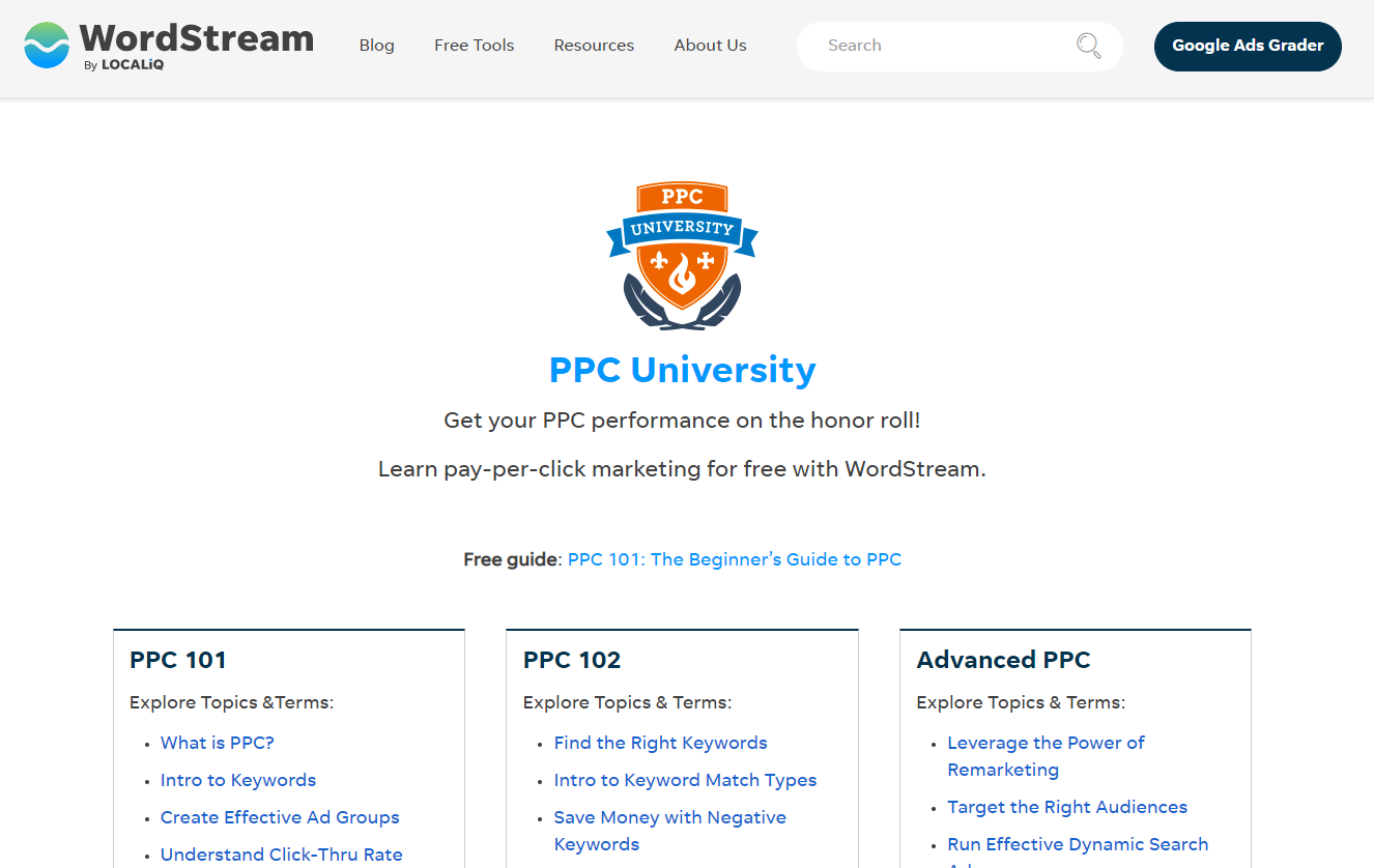 screenshot of Wordstream’s PPC University homepage