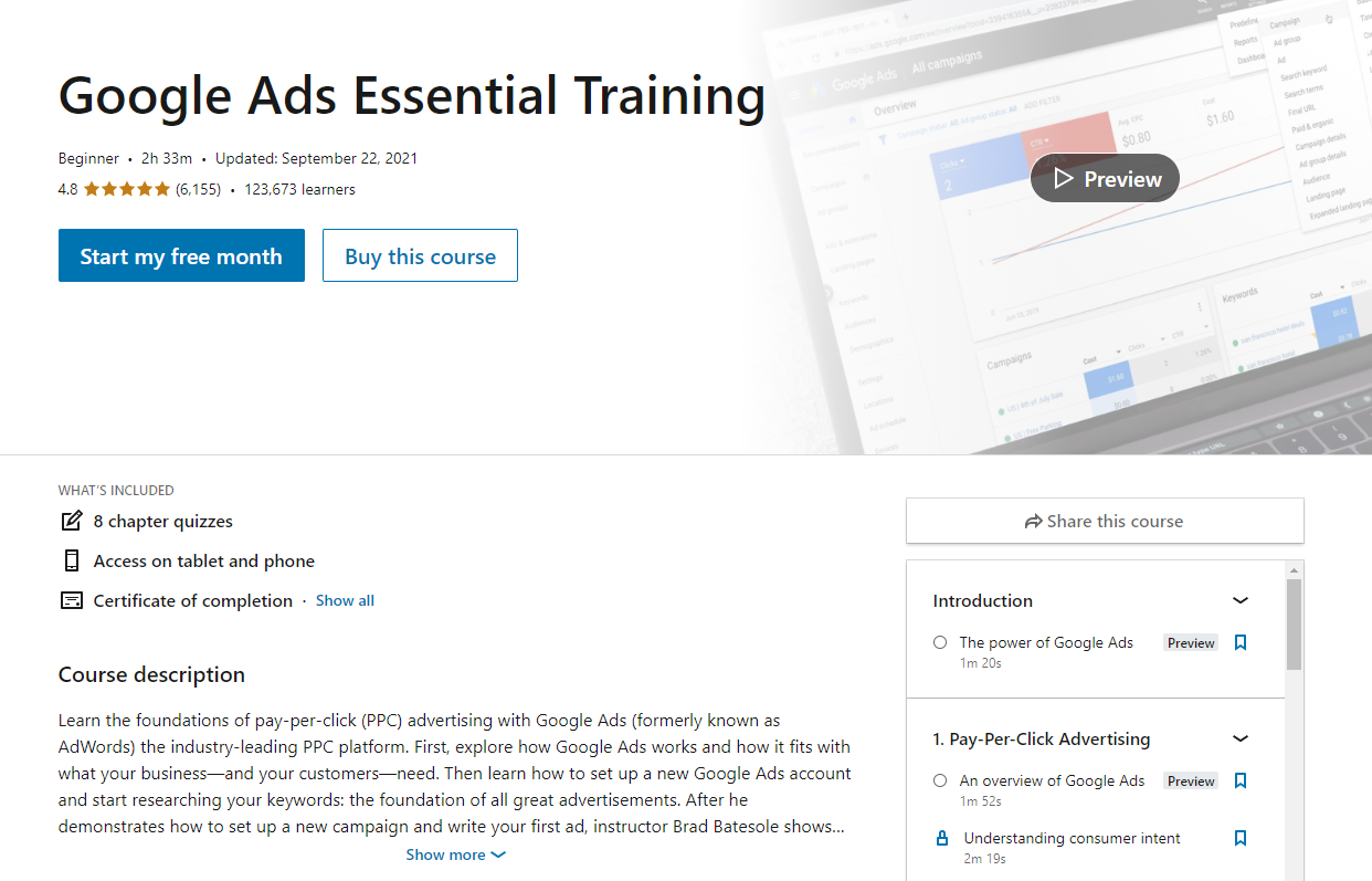 screenshot of LinkedIn Learning Google Ads Essential Training course