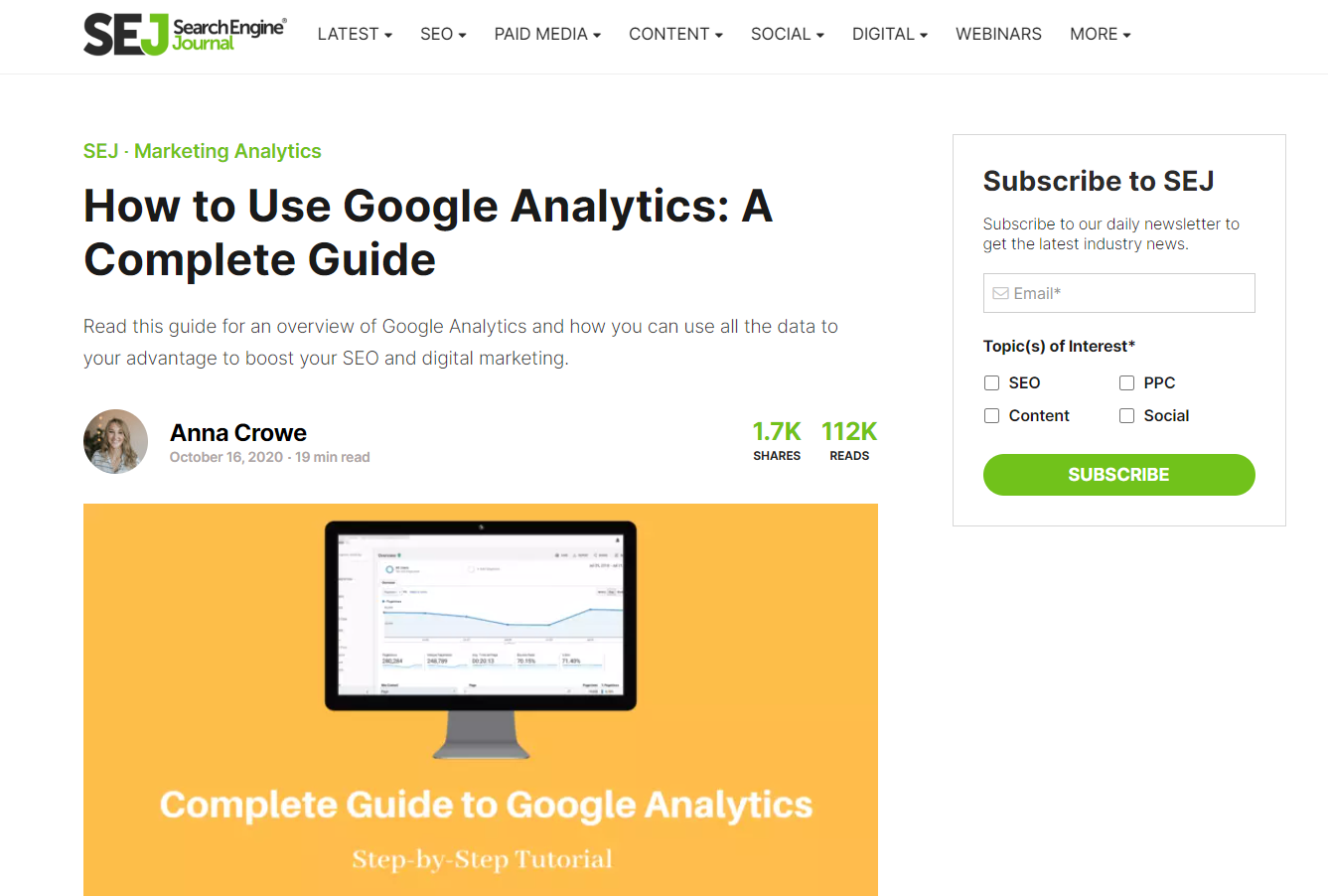 screenshot of Search Engine Journal’s article - How to Use Google Analytics: A Complete Guide