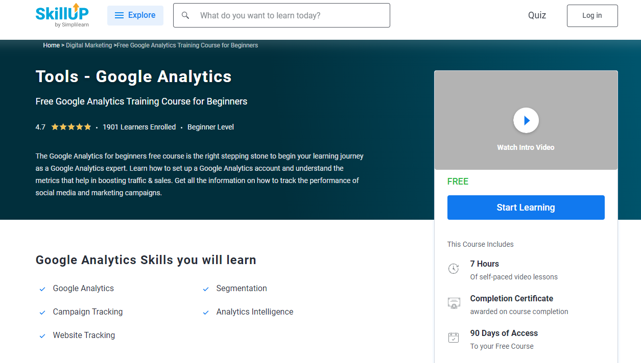 screenshot of Simplilearn Google Analytics Course for Beginners