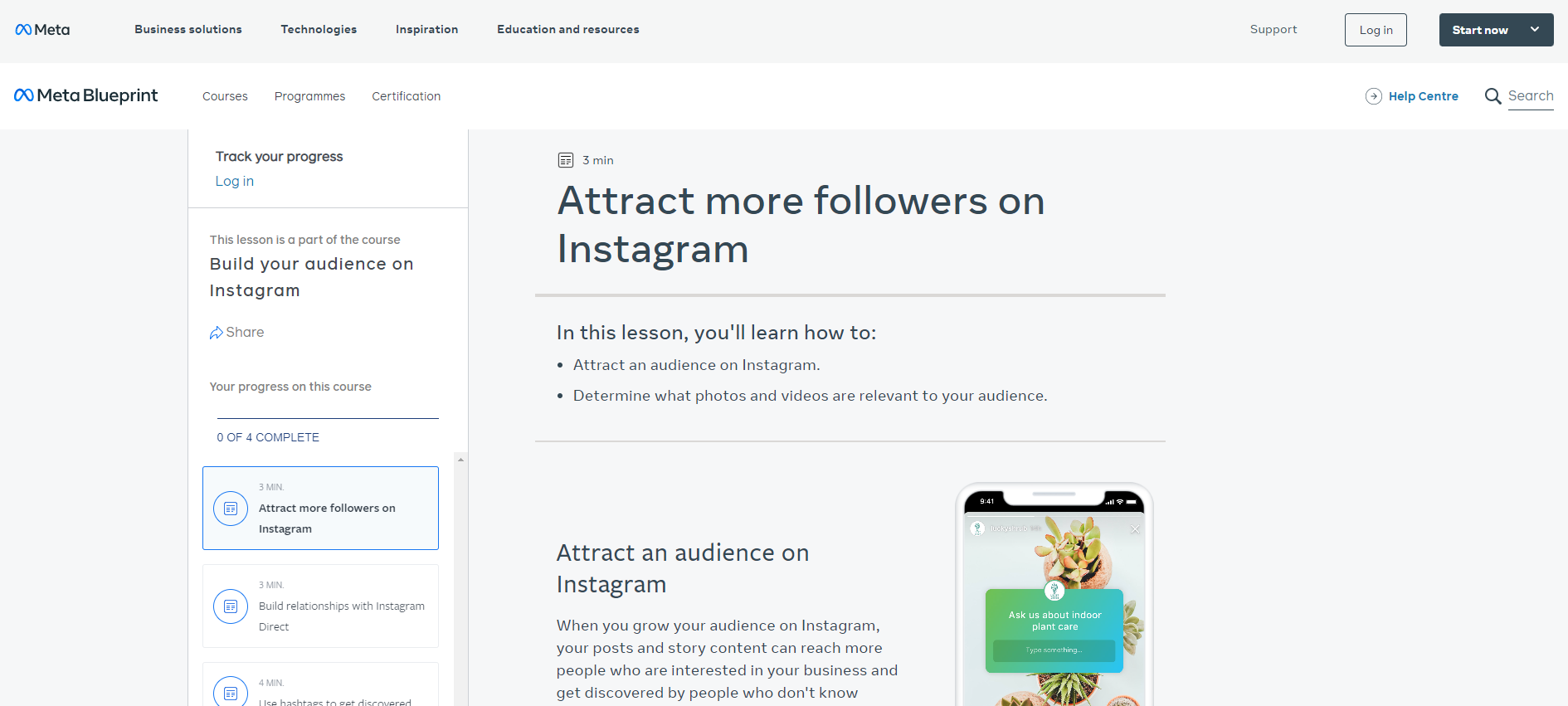 screenshot of Instagram learning resource: Build Your Audience on Instagram by Meta Blueprint