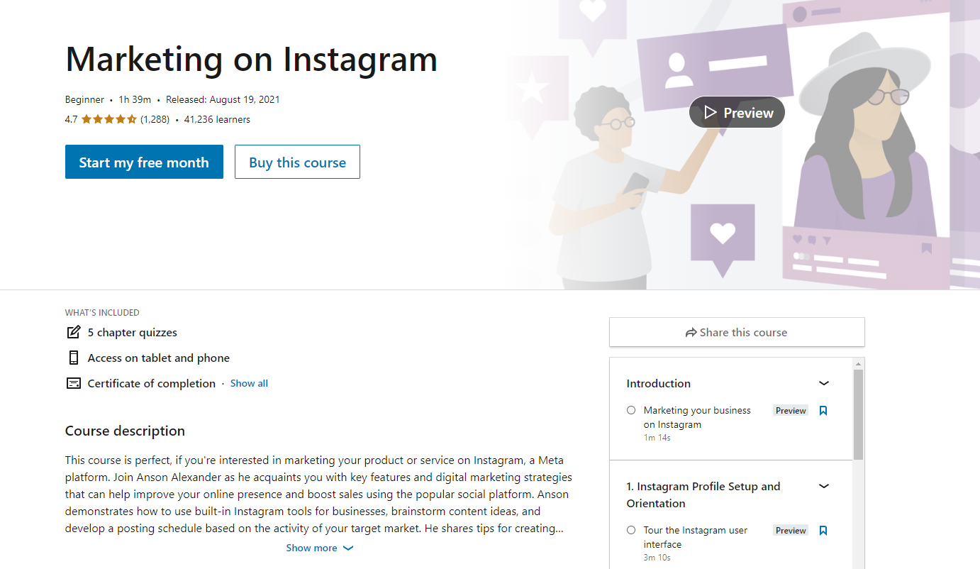 screenshot of Instagram learning resource: Marketing on Instagram on LinkedIn Learning