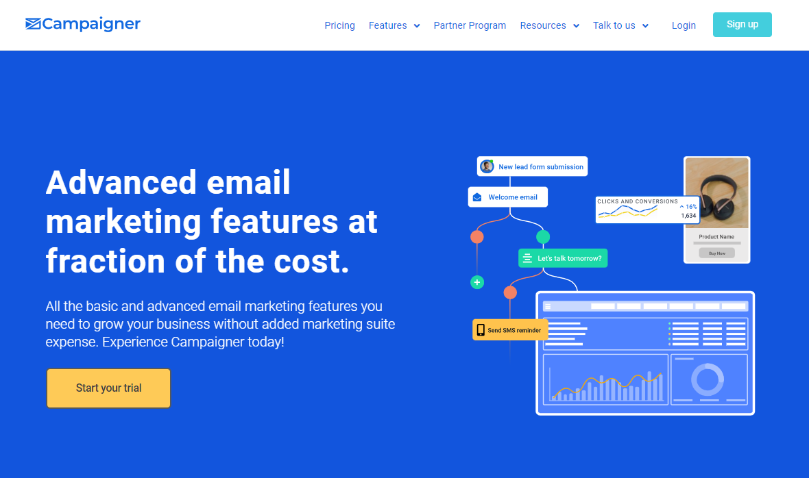 screenshot of the Campaigner email marketing tool homepage