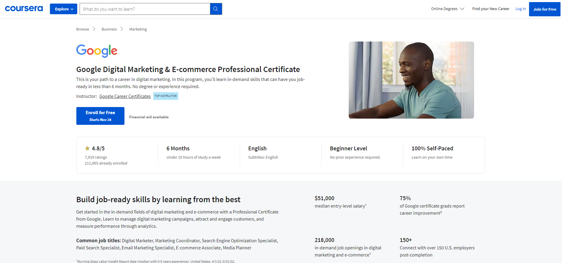 screenshot of Coursera digital marketing course