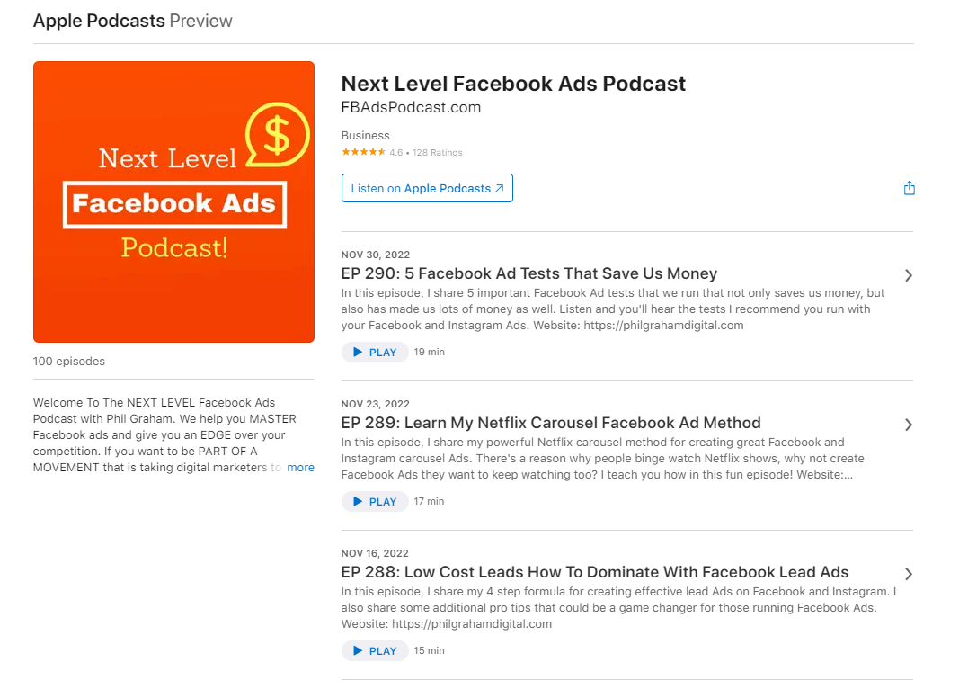 screenshot of Next Level Facebook Ads on Apple Podcast