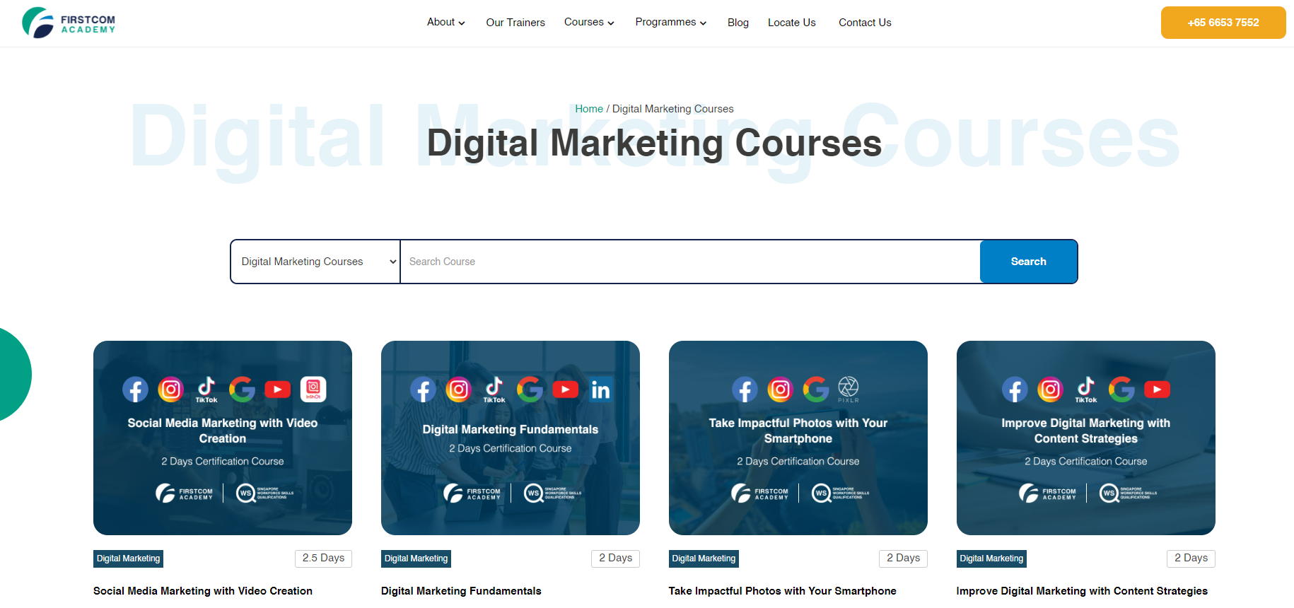 screenshot of FirstCom Academy digital marketing courses