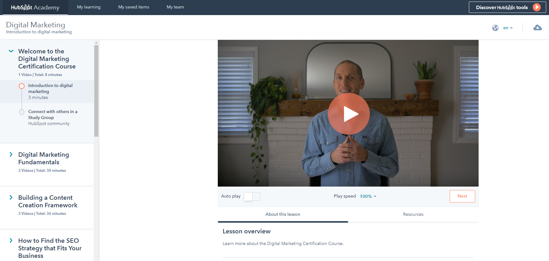 screenshot of Hubspot Academy digital marketing course