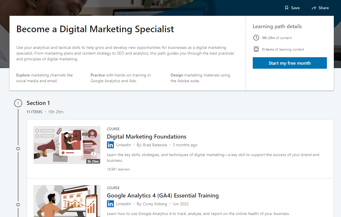 screenshot of LinkedIn Learning digital marketing course