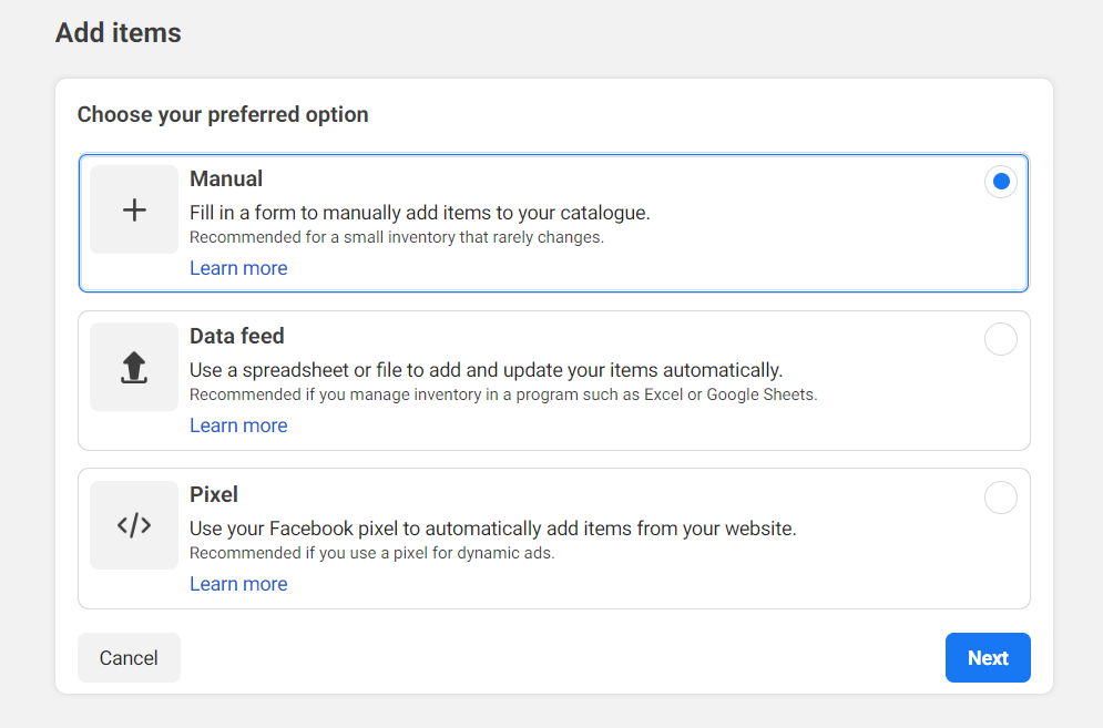 screenshot showing the different options to add items in Meta Commerce Manager