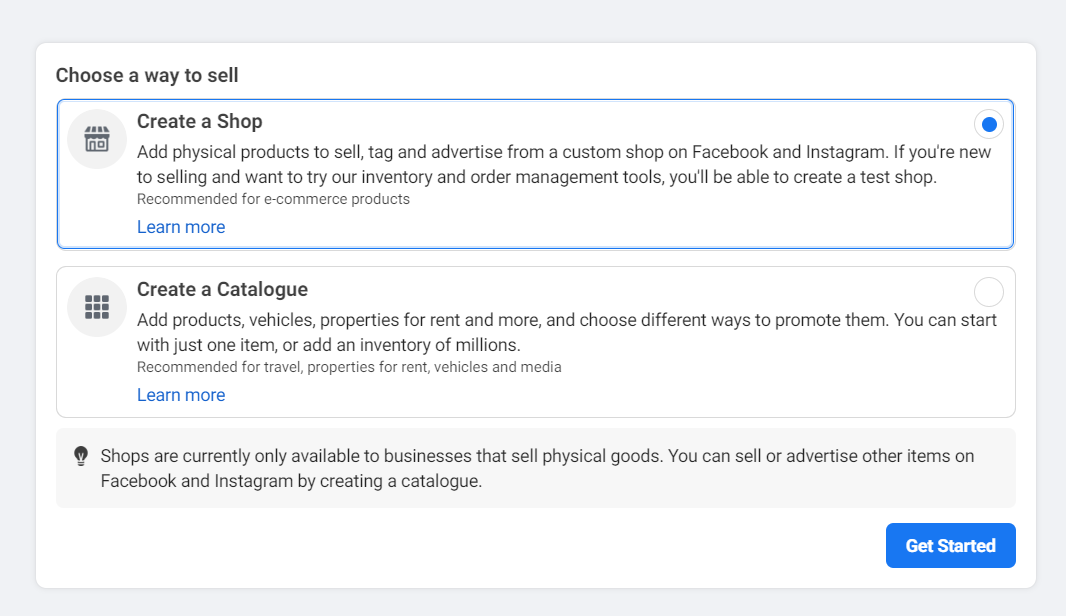 screenshot of the Create a Shop menu in Meta Commerce Manager