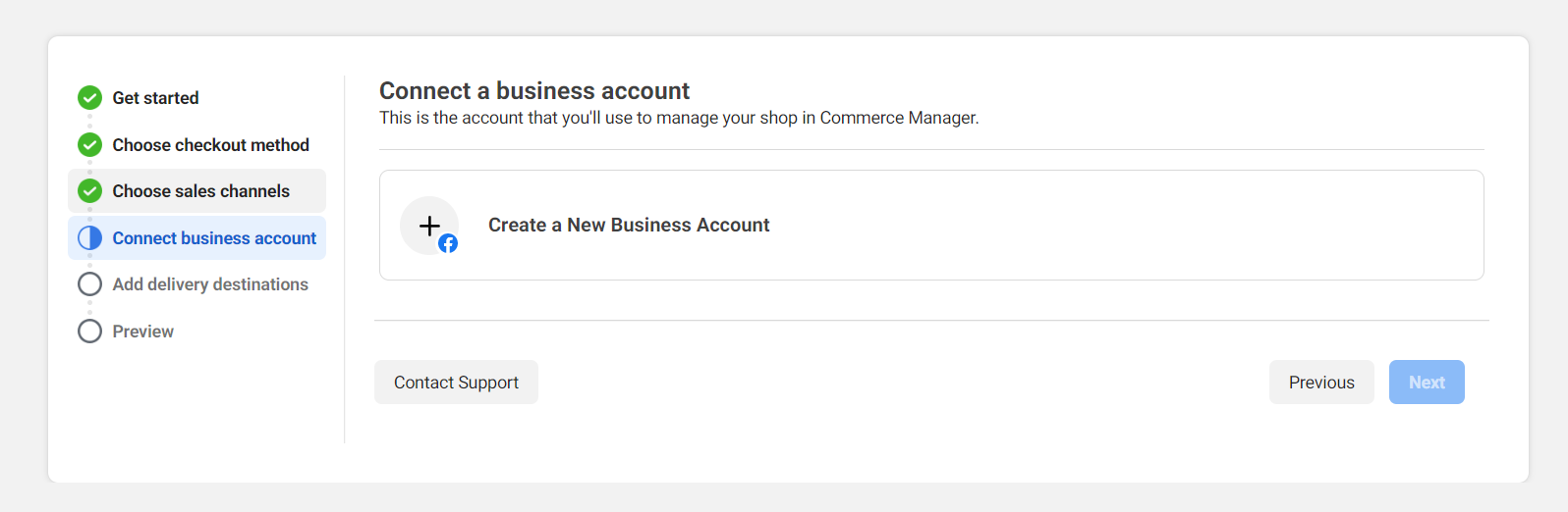 screenshot of the Connect Business Account menu in Meta Commerce Manager