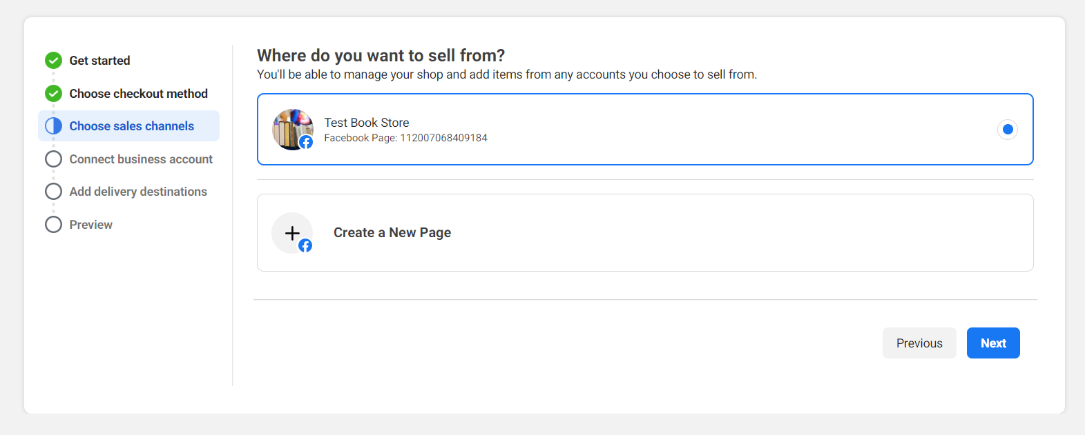 screenshot of the Sales Channels menu in Meta Commerce Manager