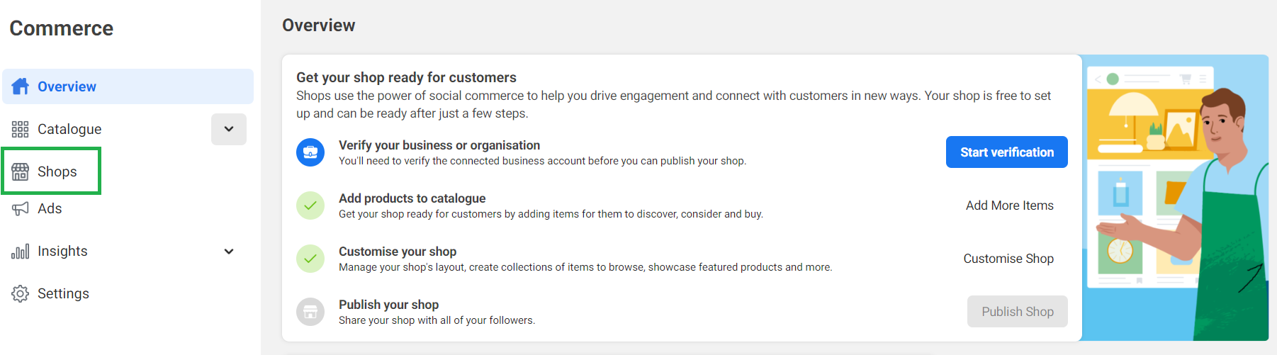 screenshot showing how to customise shops in Meta Commerce Manager