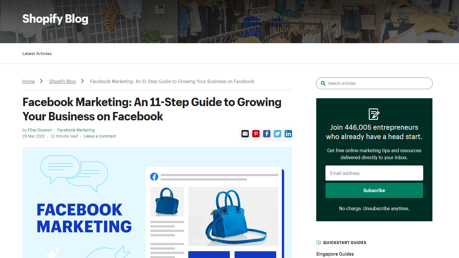 screenshot of Shopify Facebook Marketing blog post