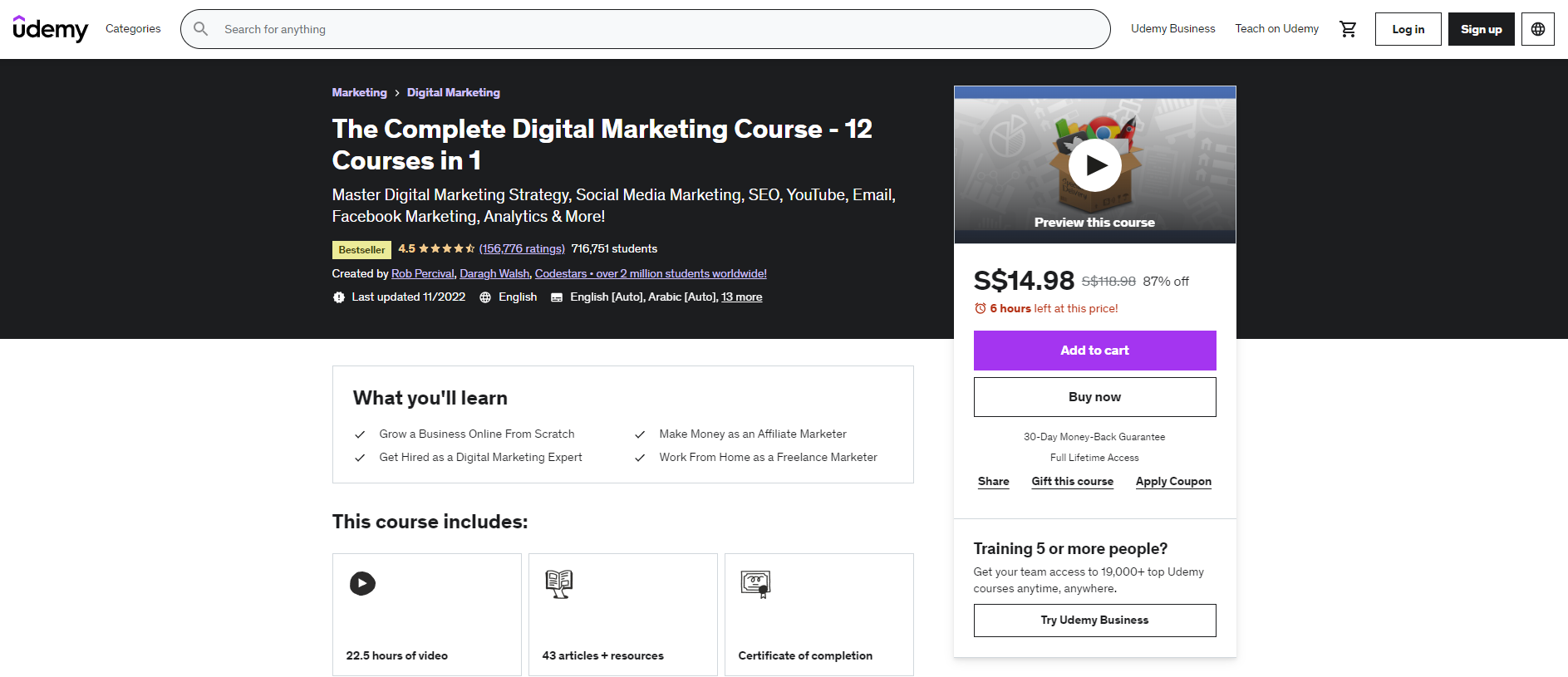 screenshot of Udemy digital marketing course
