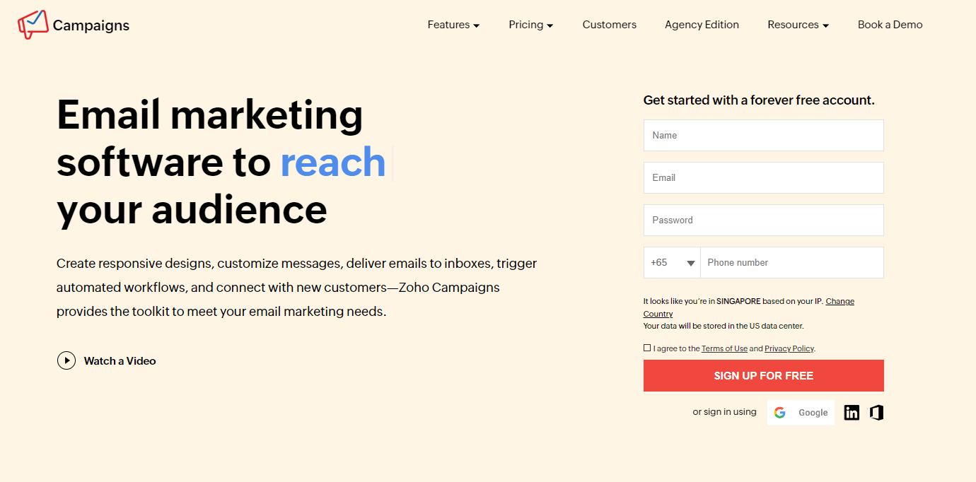 screenshot of the Zoho campaign email marketing tool homepage
