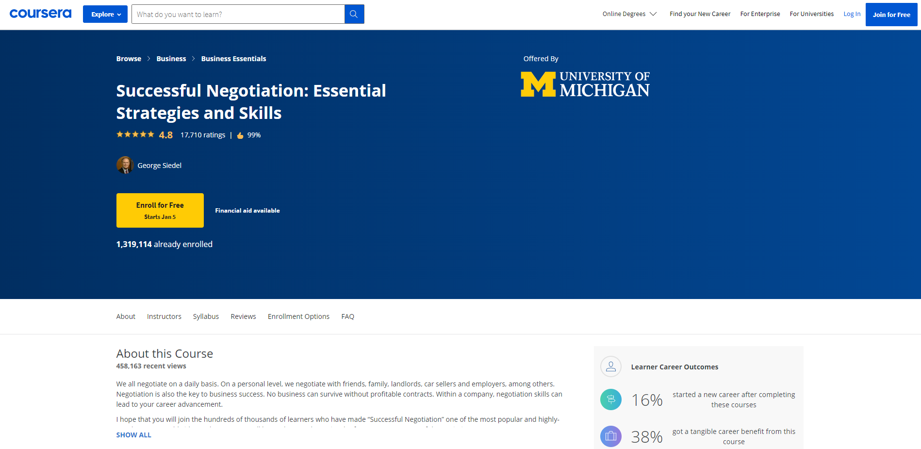 screenshot of Coursera Successful Negotation Strategies and Skills course