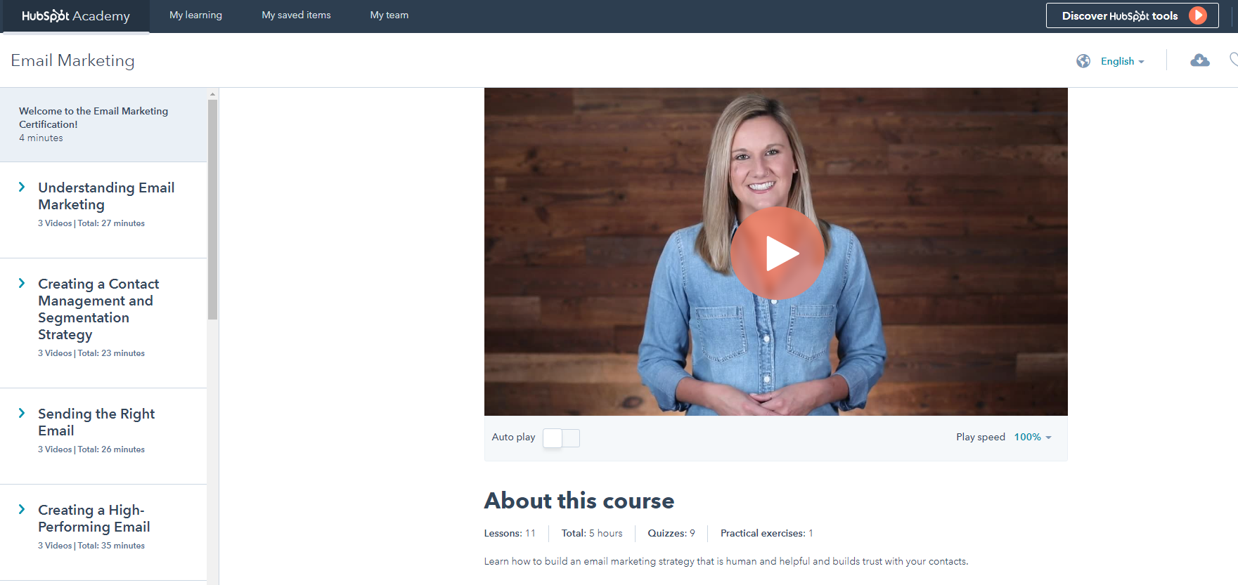 screenshot of Hubspot Academy’s email marketing certification course