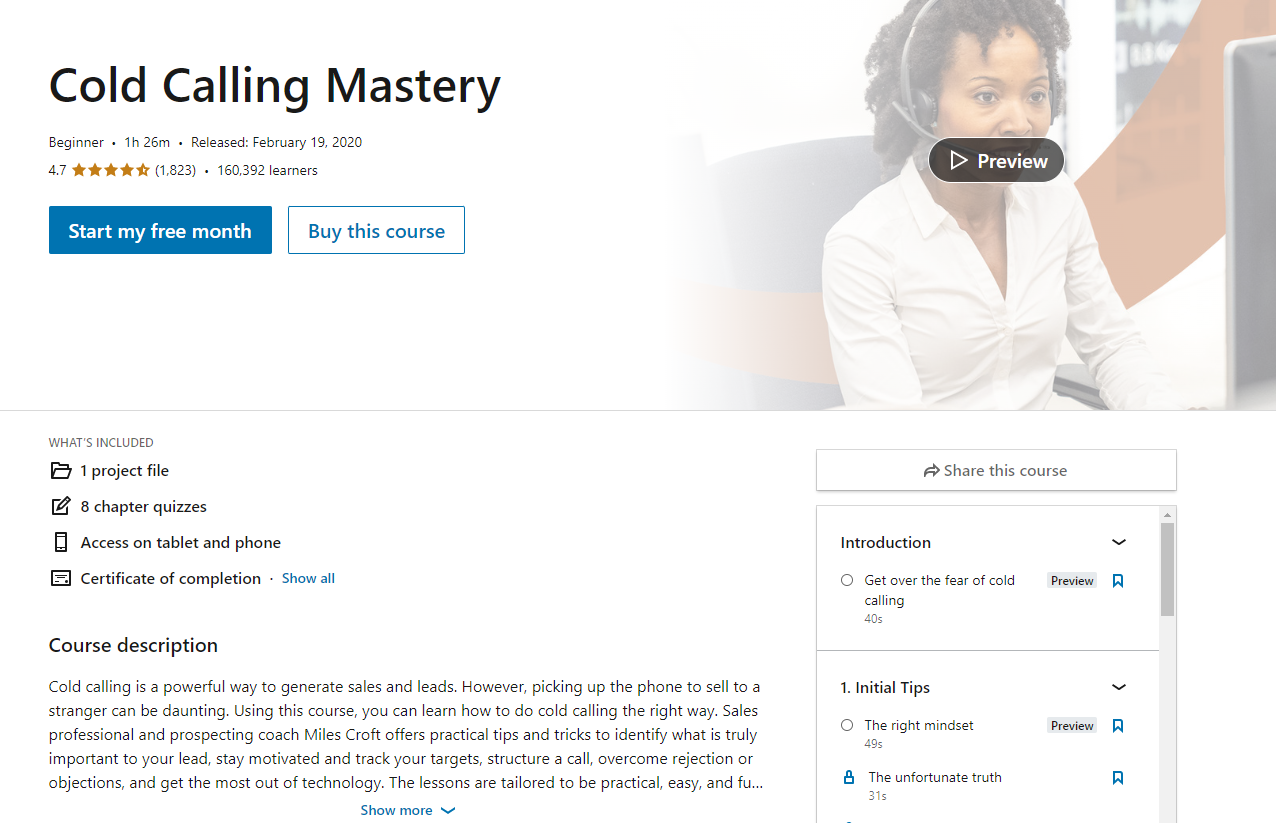 screenshot of LinkedIn Learning Cold Calling Mastery course
