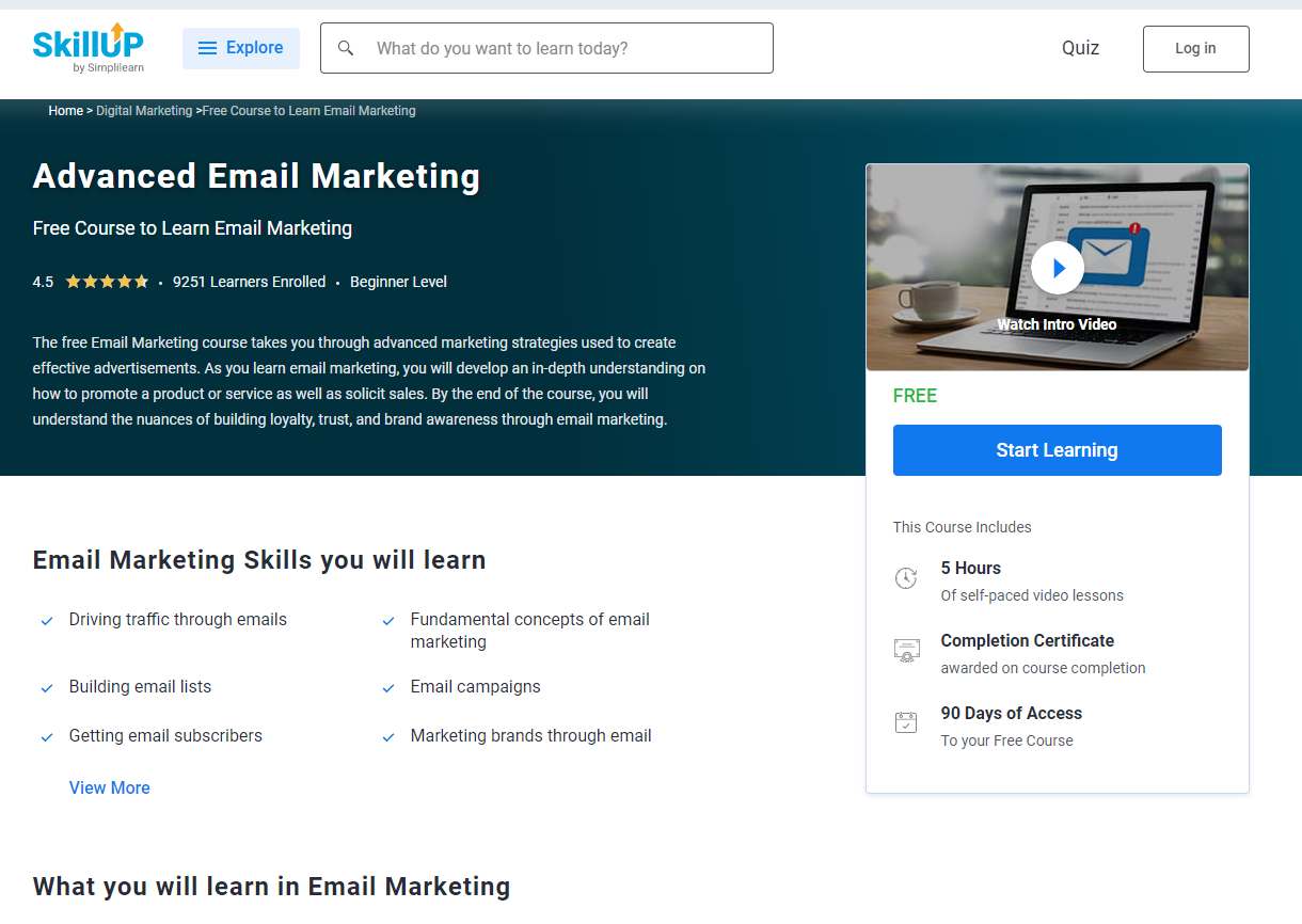 screenshot of Simplilearn’s advanced email marketing certification course