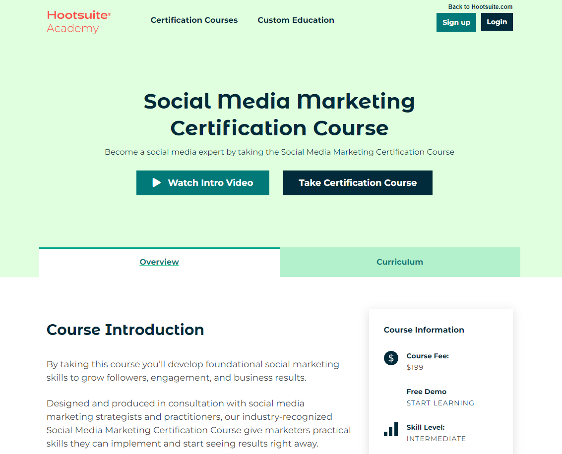 screenshot of Hootsuite Social Media Marketing course smm