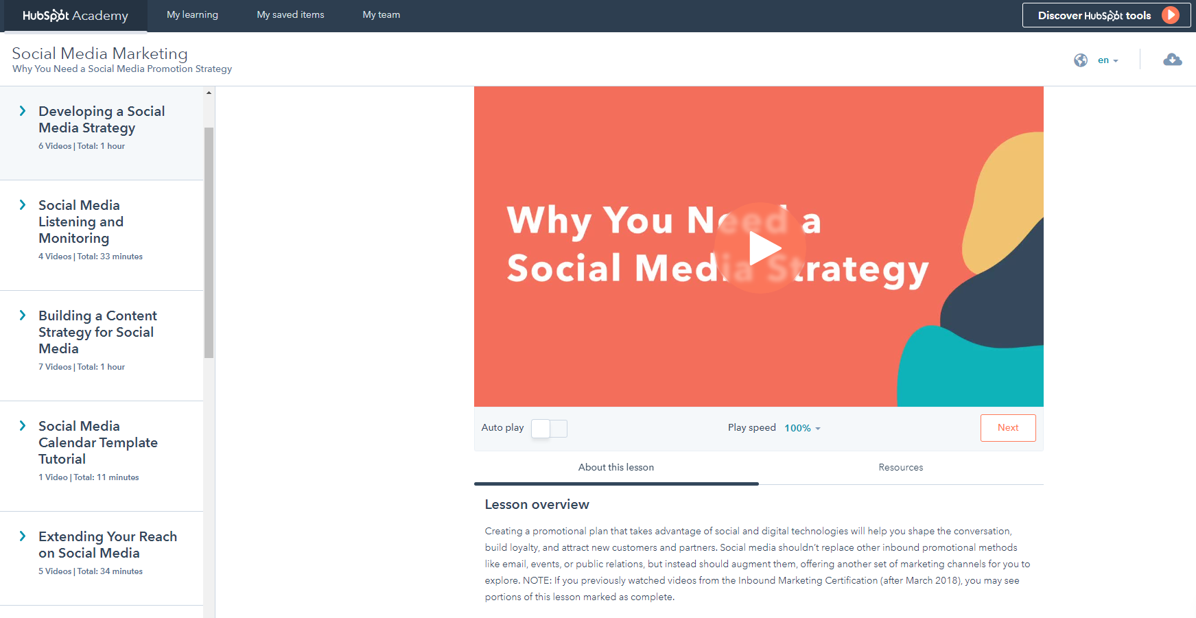screenshot of HubSpot Academy Social Media Marketing course