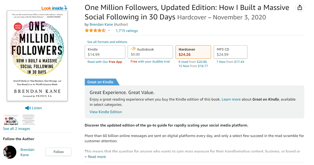 Screenshot of Brendan Kane’s Social Media Marketing Book on Amazon