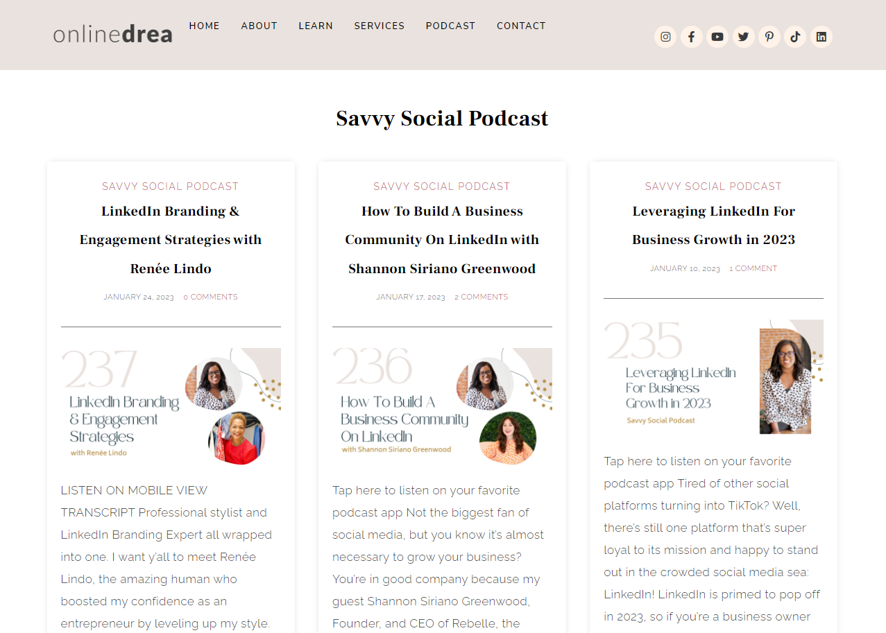 Screenshot of the Savvy Social podcast page