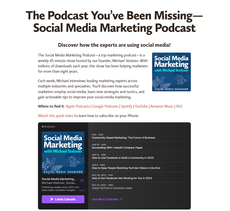 Screenshot of the Social Media Examiner podcast page