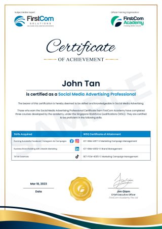 Social Media Advertising Programme certificate by FirstCom Academy