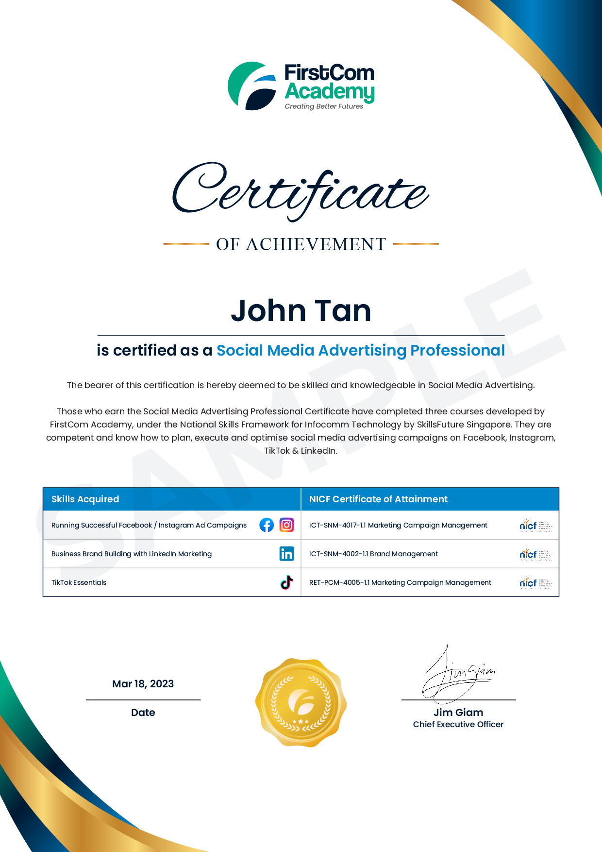 Social Media Advertising Profiessional programme course certificate by FirstCom Academy Singapore