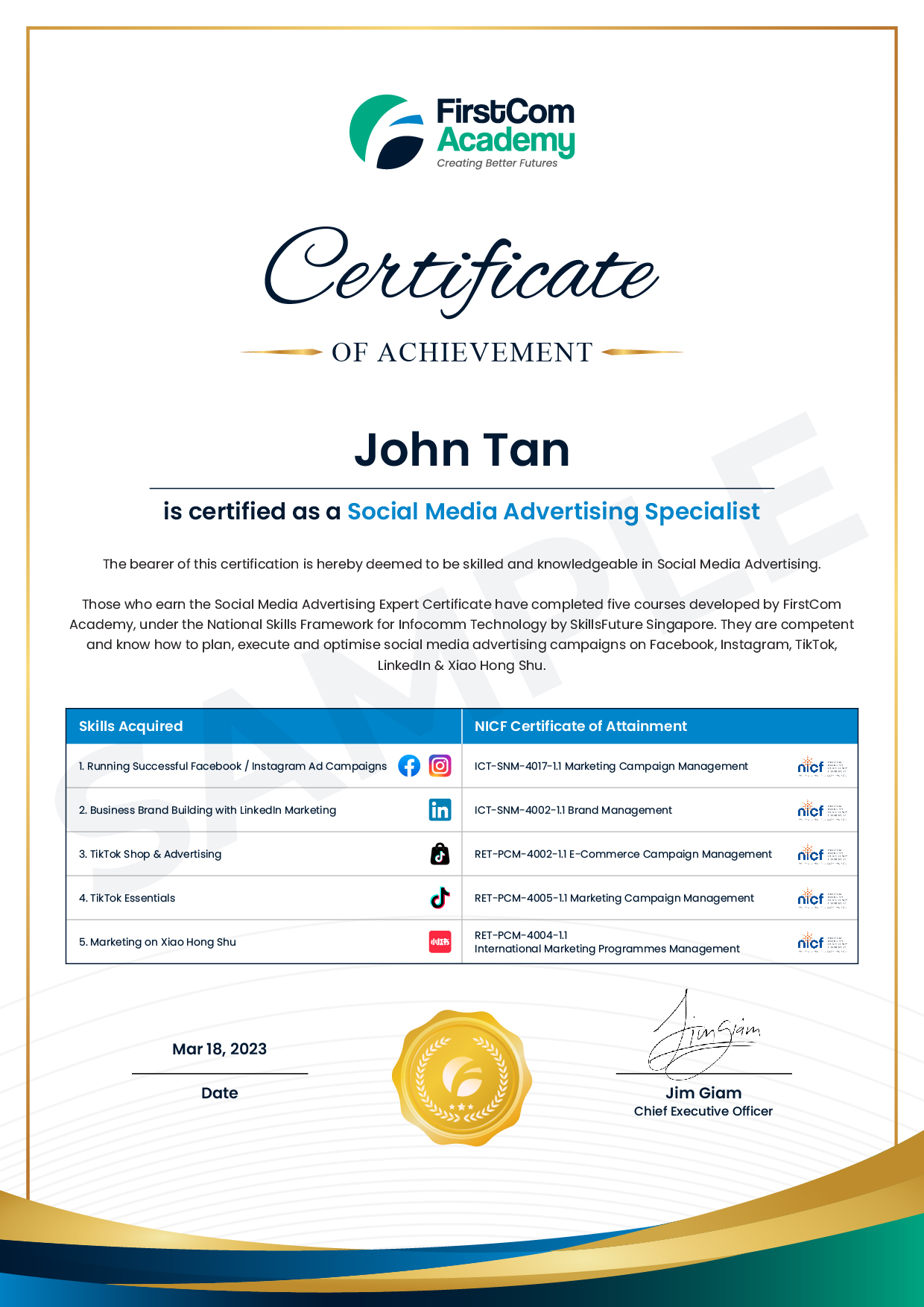Social Media Advertising Specialist programme course certificate by FirstCom Academy Singapore