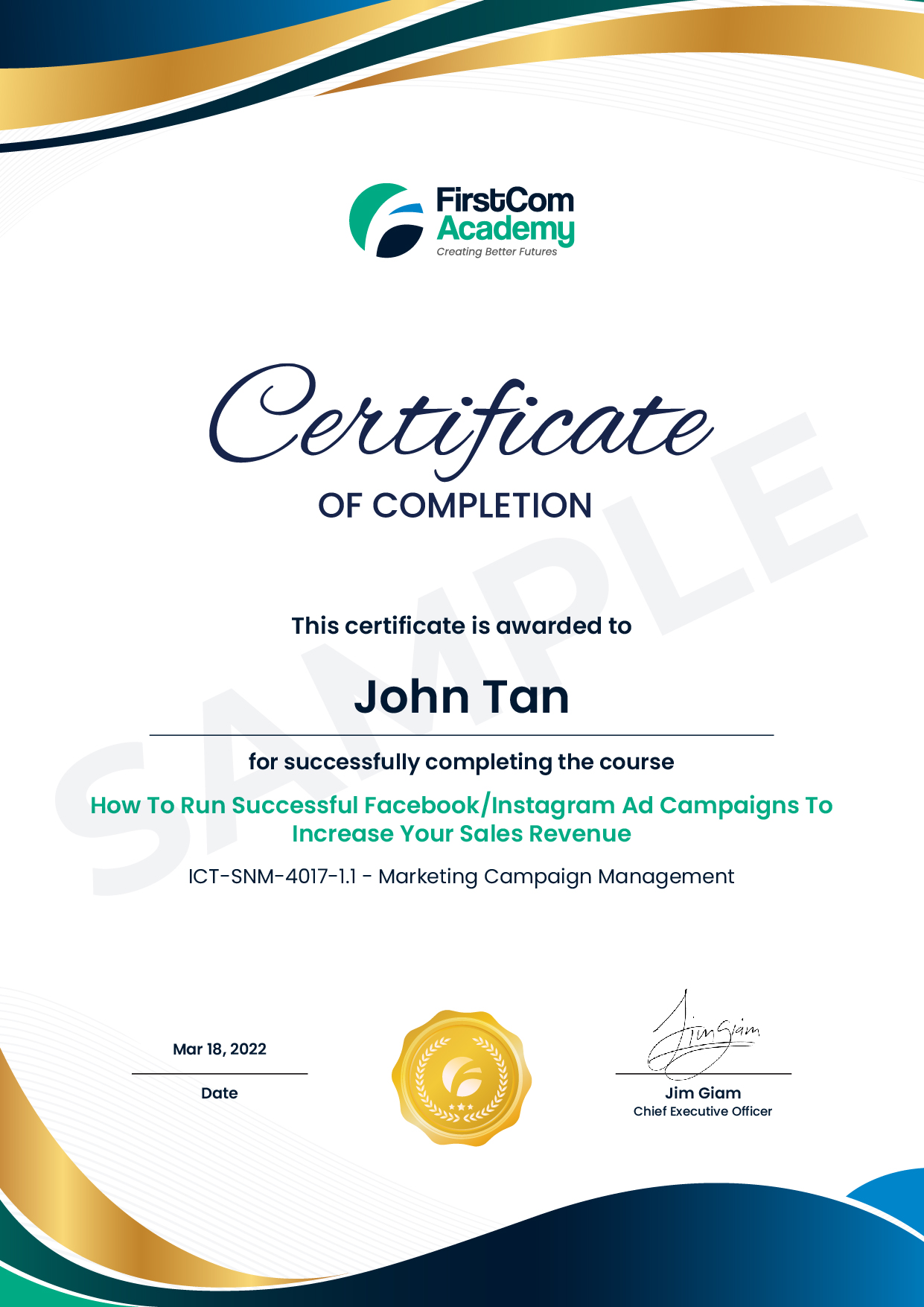 Facebook marketing course certificate by FirstCom Academy Singapore