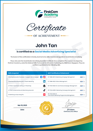 Social Media Advertising Specialist certificate by FirstCom Academy