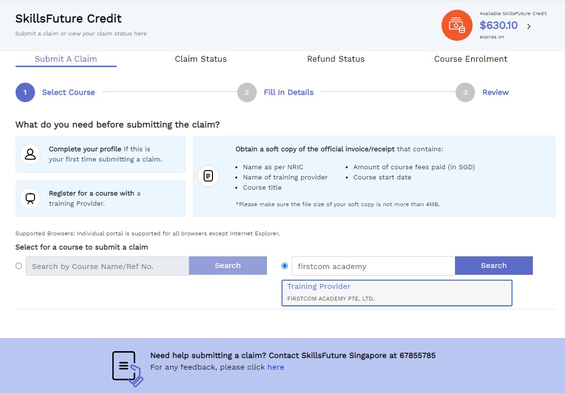 how to claim skillsfuture credit, select FirstCom Academy at skillsfuture website