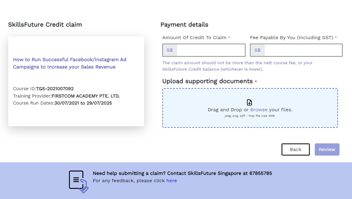 enter payment amount of skillsfuture credit to claim at skillsfuture website