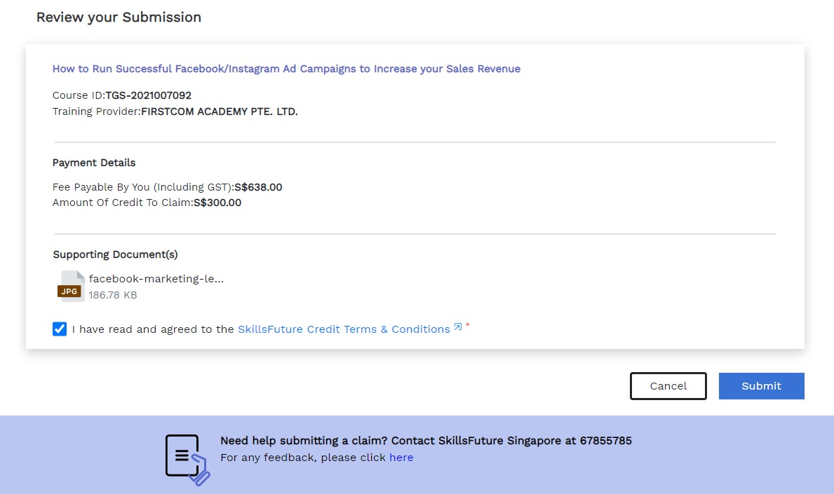 Click on submit to claim skillsfuture credit at skillsfuture website