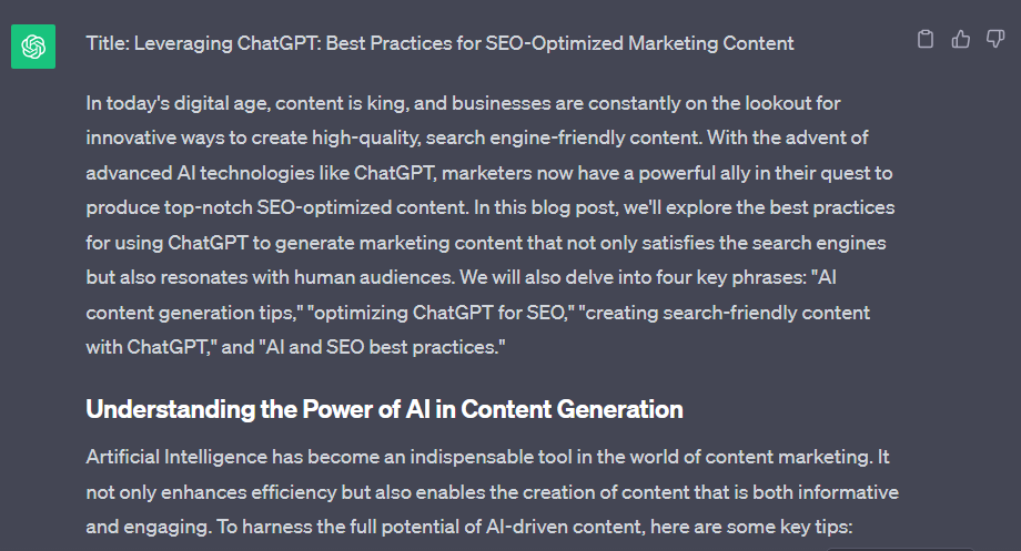 Output from ChatGPT marketing content prompt