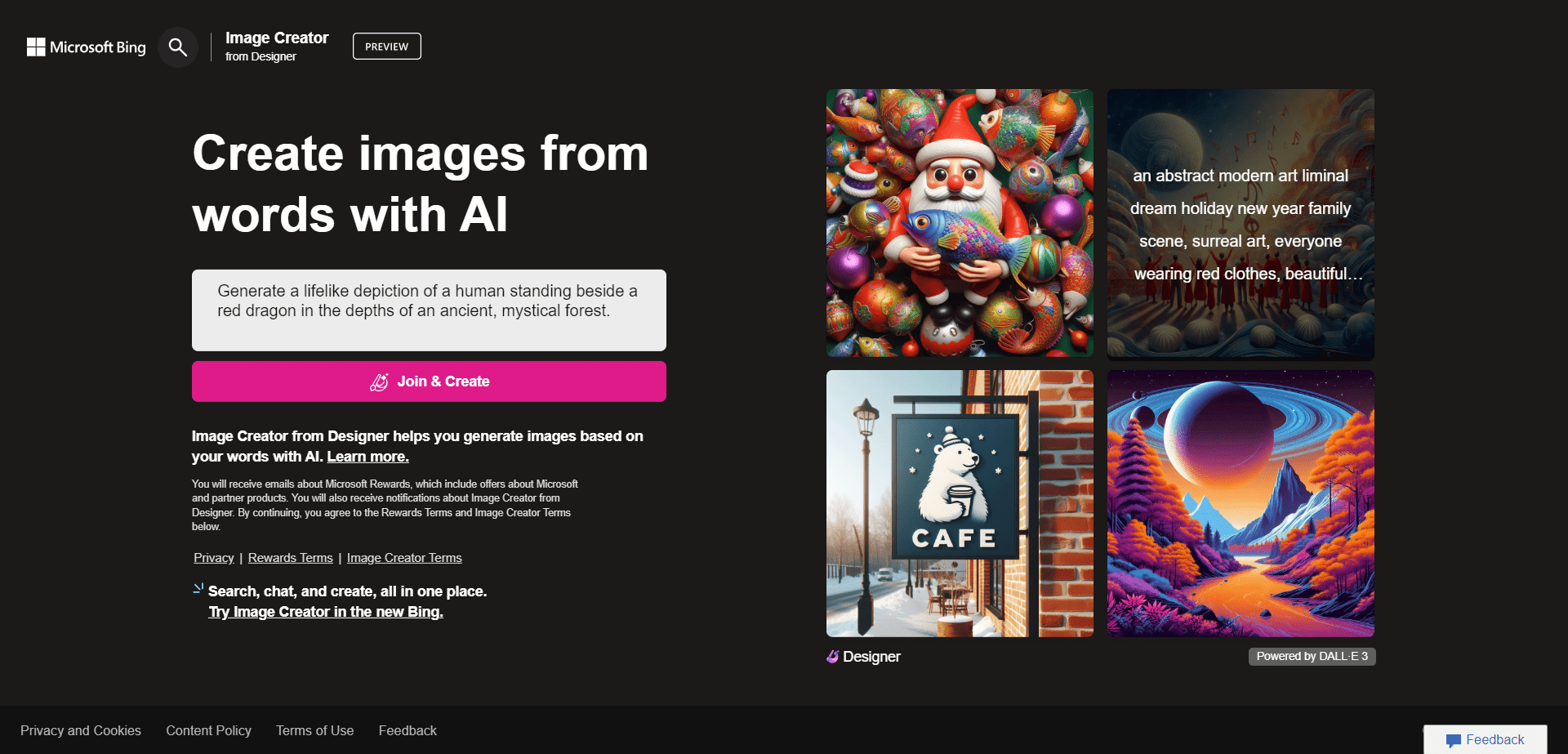 Screenshot of the Microsoft Bing Image Creator webpage featuring a preview of diverse AI-generated images