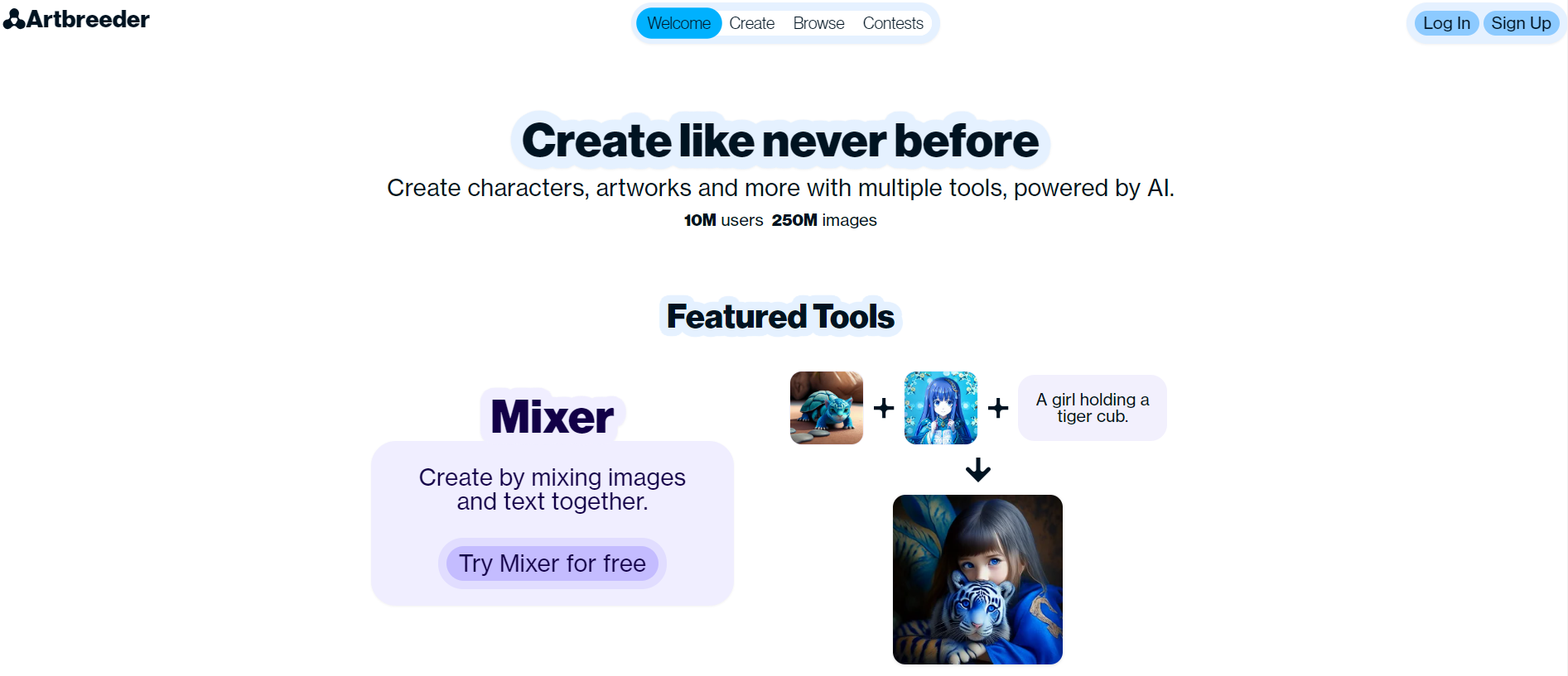 Artbreeder's home page featuring the 'Mixer' tool, which allows users to create unique images by combining various elements and AI.