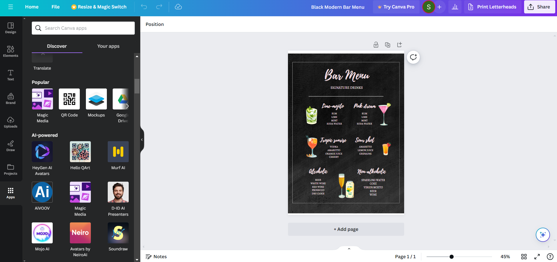 Screenshot of Canva's interface displaying a 'Black Modern Bar Menu' template in the process of customisation, with the sidebar highlighting Canva's AI tools 
